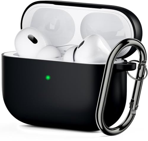 ORNARTO Compatible with AirPods Pro 2 Case Soft Silicone Case for AirPods Pro 2nd Generation Shock-Absorbing Protective Case Cover with Carabiner Front LED Visible-Black