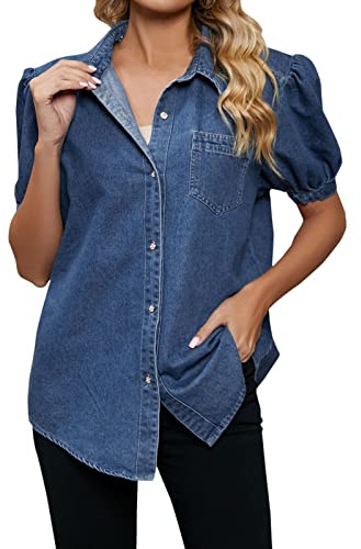 Women Blouse Tops Short Sleeve Denim Jacket Shirt Straight Pocket Loose Top Puff Sleeve Button Down Loose Plus Size Clothes for Daily Work