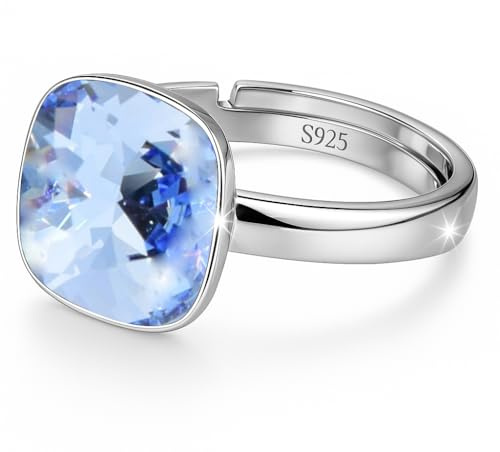 925 Sterling Silber 44 farben Ringe für Damen Verstellbarer mit Marken Kristalle, Glänzend Cubic Zirkonia Ring Fingerring Kommt in Schmuck Geschenk Box (Light Sapphir)