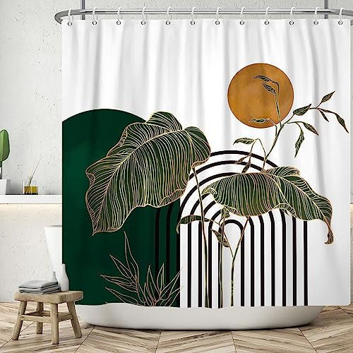 ASDCXZ Boho Shower Curtain 180x180 cm, Modern Abstract Art Green Gold Tropical Leaves Sun White Bath Washable Shower Curtains Polyester Textile Waterproof Bath Curtain for Bathtub with 12 Hooks