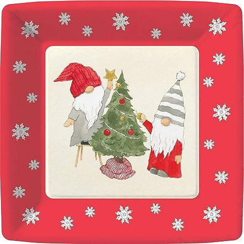Dekorative Pappteller, Einweg-Weihnachtsteller für Weihnachtsfeier, 26 cm, Speiseteller mit lustigen Weihnachtswichteln und Winterwunderland, Schneeflocken-Dekor, Bordüre, quadratisch, 16 Stück