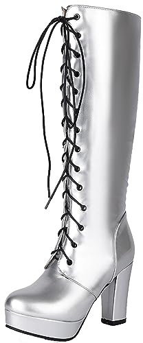 Vrupons Moda donna stivali alti al ginocchio con lacci, argento, 33 EU
