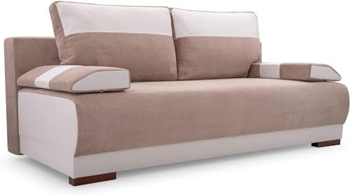mb-moebel Couch mit Schlaffunktion und Bettkasten Schlafsofa 200cm Breit Gästebett Kindersofa Wohnzimmercouch Bettsofa 3 Sitzer Sofa Ausziehbar Sitzbank 196x92x85 cm Nisa (Beige + Weiß)