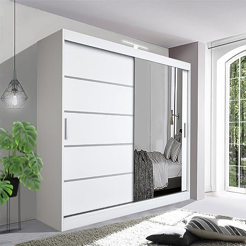German Sliding Wardrobe Contemporary Bedroom Sliding Wardrobe with LED Light - Spacious and Stylish Design comes in White/Grey/Black/Oak and Width 120cm/150cm/180cm/203cm/250cm (White, 180cm)