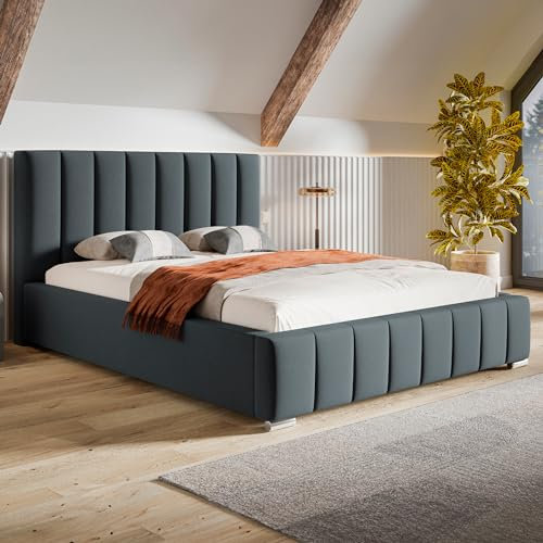 MOTIVENA Vigo Bett 180x200 Grau Samt, mit Stauraum, mit Kopfteil, mit Lattenrost, mit Füßen, ohne Matratze, Polsterbett 180x200 mit Bettkasten Grau (Anthrazit)