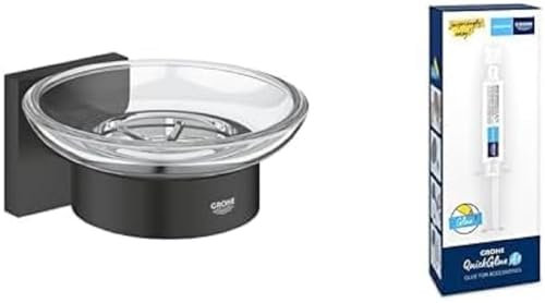 Lot de GROHE Start Cube Porte Savon avec Support pour Salle de Bain, Noir Mat, 410962430 + GROHE Kit Colle Quickglue A1, 41127000