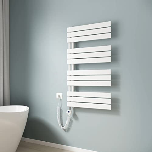 EMKE Scaldasalviette elettrico da bagno, 1041 x 600 mm, con termostato, scaldasalviette elettrico, scaldasalviette con barra riscaldante, colore bianco, 600 W