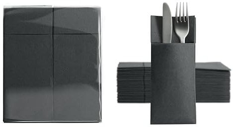 Aroba 100 Soft Point Besteckservietten weiches Material, Volumen & Struktur | fertig gefaltete Servietten mit Schlitz | 32x38 cm 1/8 Falz Bestecktasche |gute Qualität Schwarz