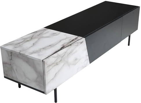 Wohnling Lowboard Schwarz mit Marmor-Dekor in Weiß 150x40x40 cm TV-Kommode Modern, Design TV-Schrank Niedrig, Fernsehtisch Fernsehschrank mit Türen & Schublade, Fernsehkommode Wohnzimmer Modern