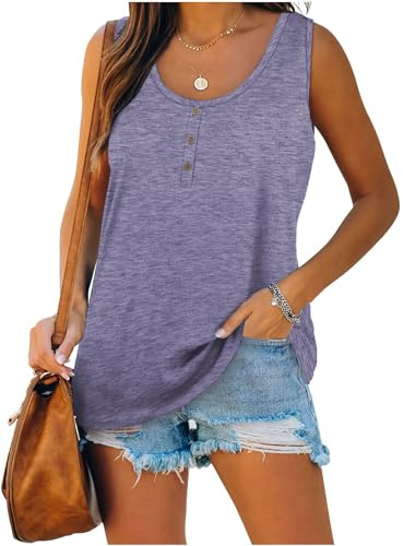 Famulily Henley Tank Top Damen U Ausschnitt Oberteile Sommer äRmellos Bluse Mit KnöPfen