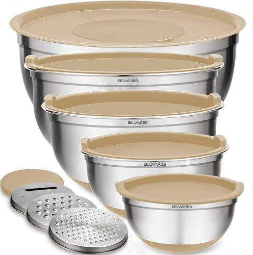 Belwares Mixing Bowls with Lids Set - Nesting Bowls with Airtight Lids + Graters - Stainless Steel Non-Slip Mixing Bowl for Baking, Food Storage and Prepping (Khaki, 5-Piece Set)