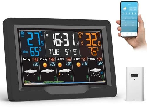 jely Wlan Wetterstation Funk mit Außensensor Wifi Funkwetterstation Farbdisplay 4 Einstellbare Helligkeit Thermometer Hygrometer Innen Außen mit Wettervorhersage, Temperatur, Luftfeuchtigkeit, Uhrzeit