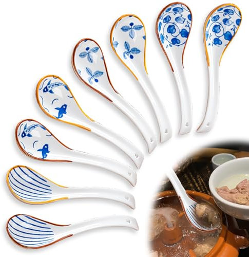 8 cucharas de sopa asiáticas, 16 x 4,5 cm, diseño retro, cucharas de sopa china, cucharas de ramen con estampado de flores, cucharas de cerámica adecuadas para albóndigas, fideos de arroz, wonton,