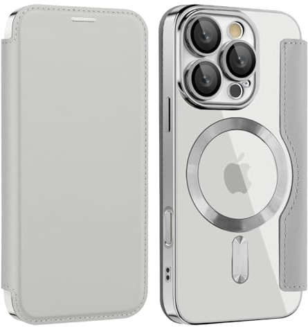 Unichthy Magnetic Phone Case for iPhone 15 Pro Max Flip Clear Cover，Grey | Strong Magnetic Attachment, RFID Blocking Card Holder, Shockproof PU Leather TPU Back, Individual Protection for Each Lens