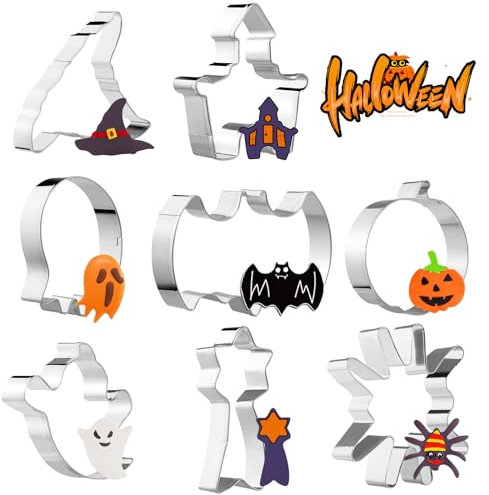 Simpeak Juego de 8 Cortadores de Galletas para Halloween, Acero Inoxidable Moldes Galletas Niños, Cortadores de Galletas con Forma de Fantasma, Gato, Murciélago y Calabaza para Hallowee