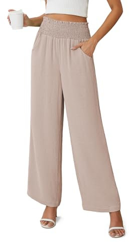 Anelune Damen Sommerhose - Weite Hose mit Taschen, High Waist, Leicht & Bequem Khaki L