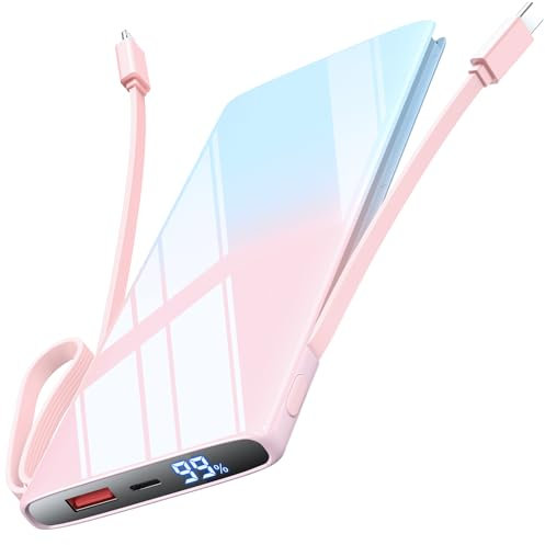 Bateria Externa Carga Rapida 30W 10000mAh Power Bank con Cable Integrado USB C In out PD 3.0 QC 4.0 Bateria Portatil Indicador LED Mini Powerbank para iPhone Samsung Xiaomi Tablets Color Rosa Azul