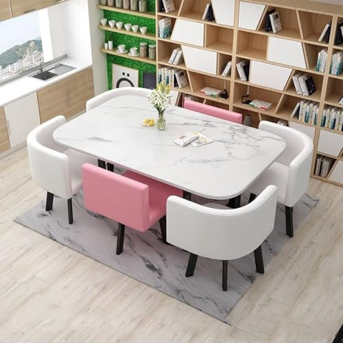 Esstisch mit 6 Stühlen Set, Essgruppe Küchentisch mit Kunstleder Stuhl, Konferenztisch Balkon Esstisch for Küche Esszimmer Wohnzimmer(Pink)