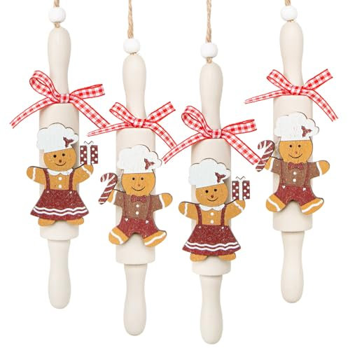 Logbuch-Verlag 4 Weihnachtsanhänger Holz Nudelholz mit Lebkuchenmann Weihnachtsdeko zum Aufhängen 17 cm