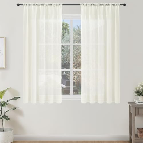 Topfinel Gardinen Kurz Vorhang Tunnelzug Stores Gardine Schals140 cm Hoch Voile Curtains Living Room Fensterschals Vorhänge Weiss 145 cm Lang Dekoschal für kleine Fenster
