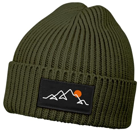 Neverless® Herren Beanie Wintermütze mit Patch Natur Berge Outdoor Aufdruck Print Strickmütze Männer Rippstrick