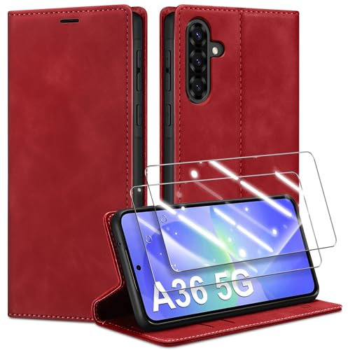 Guisessy Handyhülle für Samsung Galaxy A36 5G Hülle Leder und 2 Schutzfolie, Premium Klappbar Flip Wallet Case mit Magnet Kartenfach Standfunktion Schutzhülle für Samsung A36, Rot