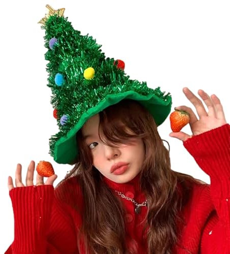 JIEBWCHA Hat Christmas Tree, Weihnachtsbaum Hut Grüner Filzhut, Weihnachtsbaum Hut, Grüner Filzhut Mit Goldenem Stern Und Girlanden Dekoration, Pailletten Weihnachtsbaum Hut, Weihnachtsmütze