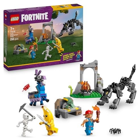 LEGO Fortnite Campamento de Banano y Bujía - Figuras Articuladas de Lobo y Llama, Hoguera y 3 Minifiguras con Armas de Juguete - Regalo Gamer para Niños y Niñas de 7+ Años Fans del Videojuego 77075