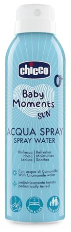 Chicco Erfrischendes Wasser Spray, beruhigend und feuchtigkeitsspendend, einfach anzuwenden, mit 360-Grad-Ausgabesystem, reduziert das Wärmegefühl auf der Haut, mit Kamillenwasser, Kinder 0+ M, 150 ml