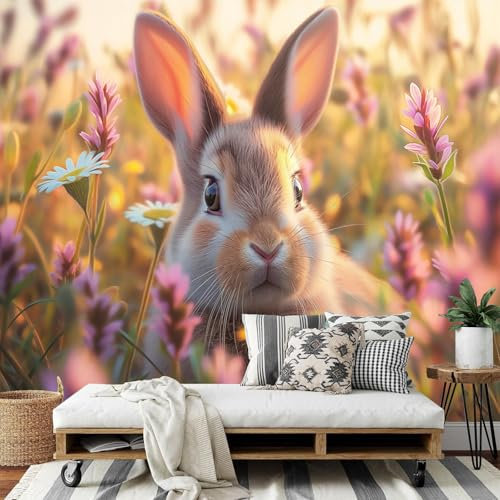 Papier Peint Panoramique 3D, Daisy Lapin, Matériel de Soie, 350x256cm (L×H) Tapisserie Panoramique, Pour Salon Chambre Décoration Murale Mignon Animal Personnalisé Murale