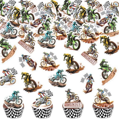 Blumomon 40 Stück Essbar Motorrad Cupcake Topper Dirt Bike Zeichen Tortenaufsatz Dirt Bike Kuchen Dekorationen Motorrad Thema Geburtstags party