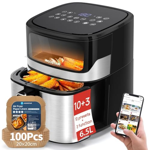 Aigostar Balloon Con Papel Freidora Aire 100 Unidades, 6.5L, Freidora sin Aceite con Ventana, 10 programas, Pantalla Digital Táctil, Precalentamiento Inteligente, DIY, Luz controlable, Acero Inox