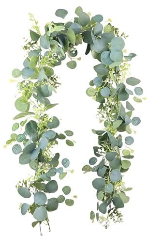 Blumengirlande Deko,Eukalyptus Girlande,Hängend Eukalyptus Deko 1,8m Künstliche Girlanden Eukalyptus mit Weiße Blumen,Eukalyptusranke für Hochzeitsstrauß,Blume,Heimdekoration