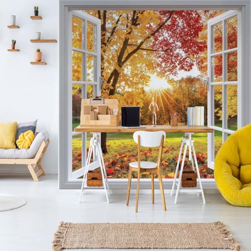 Dppyuxa Papier Peint Salle de Bain Forêt Automne Papier Peint 3D Prairie Ensoleillée Geant Mural Intissé Imperméable pour Salon Chambre Cuisine Film pour Murale Poster Décoration 450x315 cm