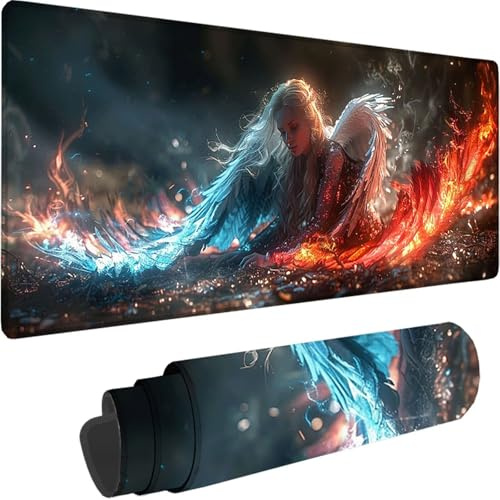 Tapis de Souris Gaming Noir, Grand Tapis de Souris XXL 1000x500x3 mm, Ange Mouse Pad pour Clavier et Bureau, avec Bords Surpiqués et Dos Antidérapant Mousepad for Gamer Gaming Accessoire, Cadeau 4-0