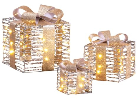 The Christmas Workshop Light-Up Gold & Silver Gift Boxes/Set of 3 Different Sizes/Warm White LED Lights/Timer Function/Battery Powered (74429)
