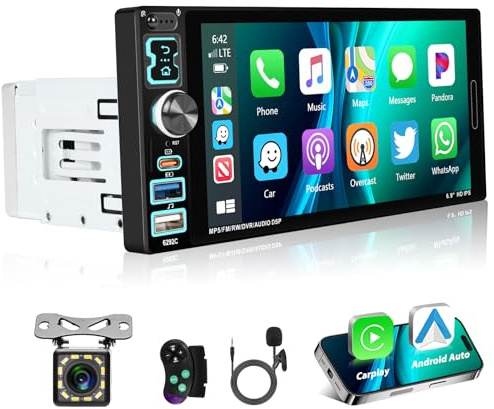 Motorsi 1 DIN 6,9 CarPlay Autoradio mit Type-C Bluetooth 5.2, Kabelgebundenes Android Auto Single DIN Car Stereo, Touchscreen, Mirror Link, FM-Empfänger, EQ, USB/TF/AUX, SWC +Rückfahrkamera