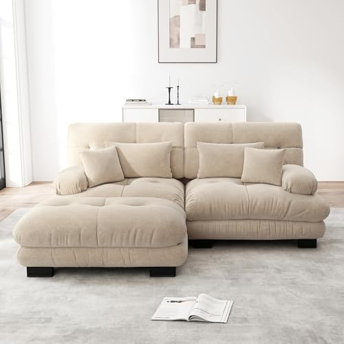 Rvjiahe Cloud Ecksofa für Wohnzimmer, Chenille Doppelsofa mit 2 Lendenkissen und 2 Dekokissen, Polstersofa mit Breiten Armlehnen und Ottoman (Hellbraun+2Sitz)