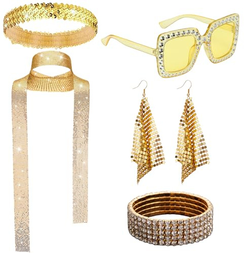 SKIPTHYBER 70er Jahre Disco Zubehör Glitzer Haarbänder Ohrringe Schal Strass Sonnenbrille Armband,Disco Accessoires Kostüm 70er 80er Jahre Outfit Damen für Fasching Karneval