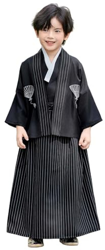 YEMYIQZ Boy Kimono Set Samurai Costume Suits Japanese Warrior Long Sleeve Top Coat Vest Pants Fan Anime Cosplay Halloween (Black, XL)