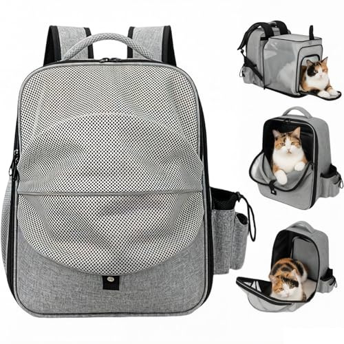 Trasportino Gatto,Zaino per Cani Gatti, Traspirante Zaino Porta Cane Gatto con Finestra a Rete, Fino a 15 KG,con Guinzaglio Interno e Tappetino per Viaggi,Per Viaggi, Escursioni, Grigio