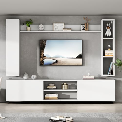 MURUL TV-Wohnwand Set 4-teilig,180x35x33.5cm, weiß, mit Vitrinen & Flexibler Aufstellung - Für TVs bis 80 Zoll