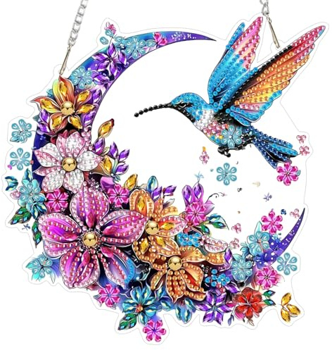 MAXBYE Diamond Painting Fensterbilder Erwachsene, Kolibri Diamond Painting Muster Kristall Hanging Pendant, DIY Mond & Blumen Gem Art Window Pictures Both Sides Für Fenster Wand Decor Gift 20x20cm