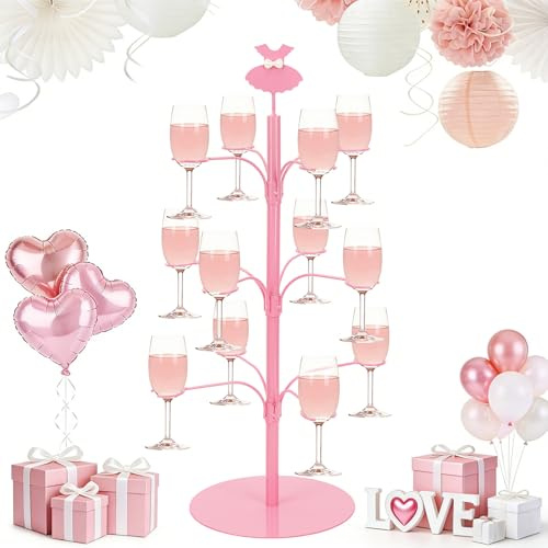 ALIMOTA Cocktail Tree Stand for Drinks Champagne Tower Wine Glasses Holder, 3 Tier 12 Holders, Bar Home Drinks Tree Display Suitable for Gin, Cocktails, Champagne, Wine (Pink)