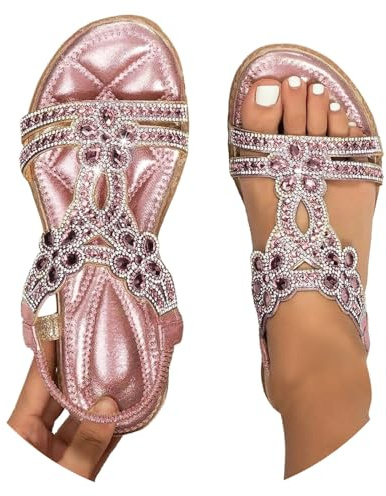 Sandales Femme Été Confortable Nu Pieds T-Strap Bride Élastique Cheville Ouvert Bout Chaussure Plage Strass Cristal Florals Casual Femmes Habillées Plat Fleur Cuir Bohème
