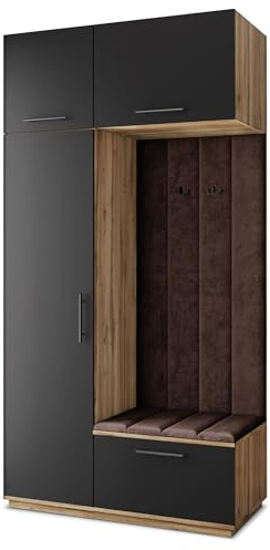 Masseno Flugarderoben Set Rema, Kleiderschrank-Set mit Sitzbank, Garderobenschrank Flur mit 5 Regalböden, Eiche Wotan/Schwarz