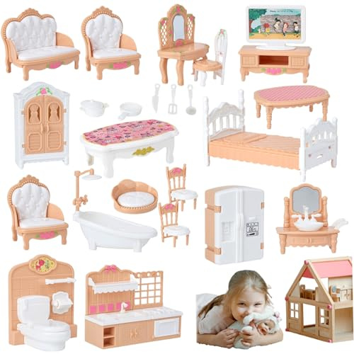 Vistnale Puppenhaus-Möbel, 4 Sets Puppenhaus-Möbel, realistische Miniatur, inklusive Schlafzimmer, Badezimmer, Küche und Wohnzimmer, ABS, DIY, dekoratives -Zubehör für Rollenspiele