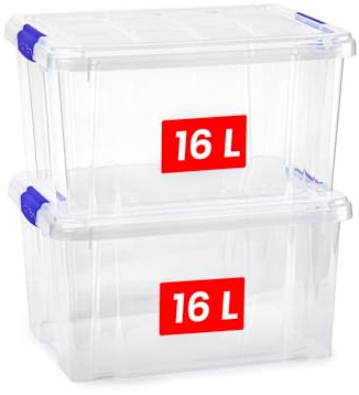 PlasticForte – Pack de Cajas de Almacenamiento con Tapa - Plástico Resistente, Apilables y Transparentes - Organizador (Azul, Pack 2, 16, Litros)