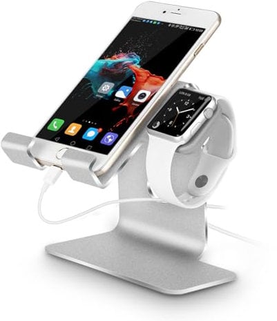 Tranesca Soporte de Carga 2 en 1 Compatible con Apple Watch Series Ultra2/Ultra/9/8/7/6/5/4/3/2/1/SE (38mm/40mm/41mm/42mm/44mm/45mm/49mm) y Compatible con iPhone de Todas Las Series - Gris Plateado