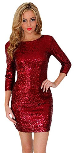 IBTOM CASTLE Womens Ladies Sexy Sequins Shiny Glitter Bodycon Bandage Dress Long Sleeve Crew Neck Wine Red M